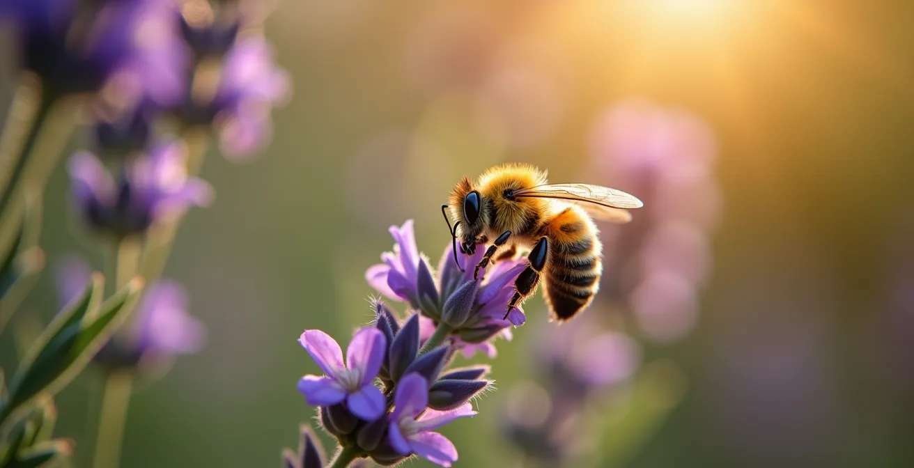 Abeja recolectando néctar en flores de tomillo con otras plantas aromáticas mediterráneas al fondo
