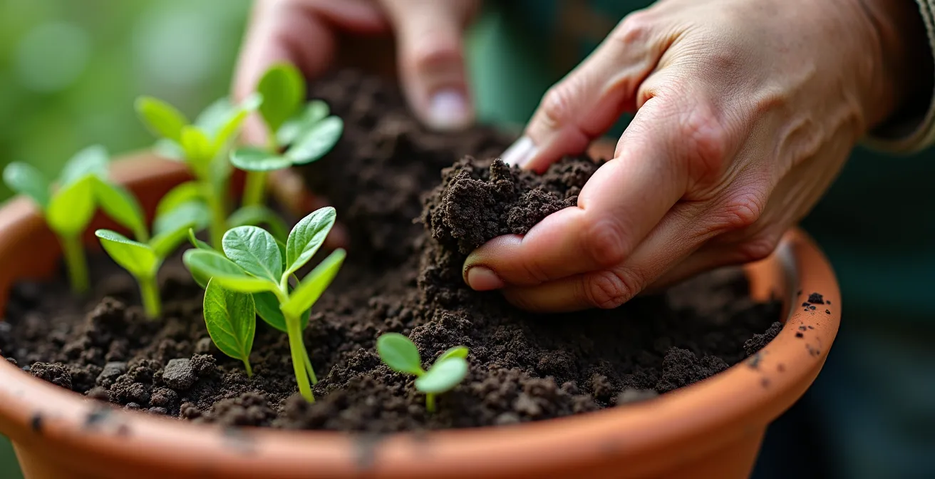 Manos de jardinero aplicando fertilizante orgánico alrededor de plantas jóvenes en primavera.