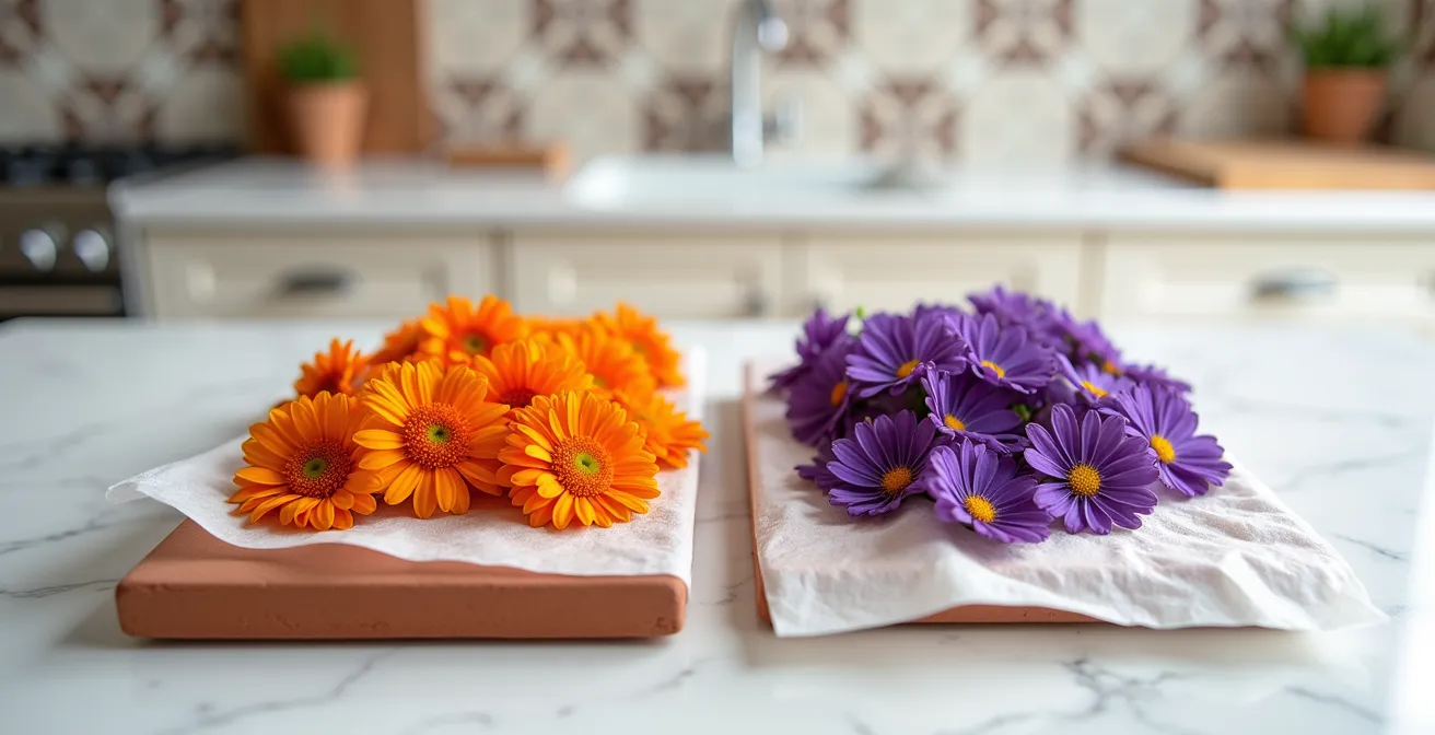 Dos baldosas de cerámica rústicas con flores de colores brillantes entre papeles absorbentes, preparadas para el secado rápido
