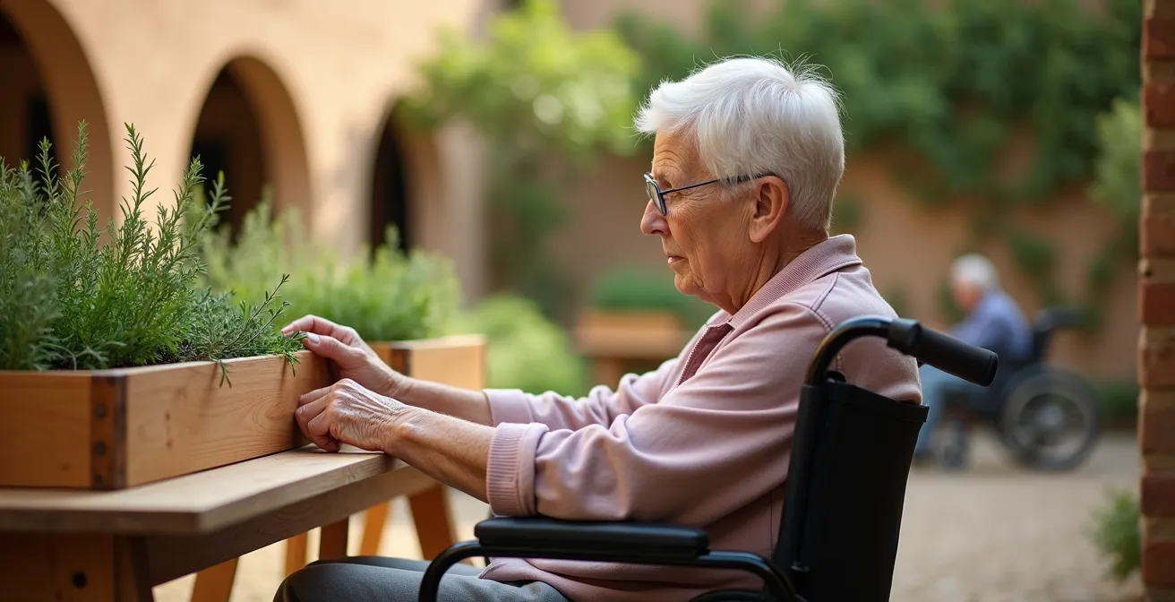 Persona mayor en silla de ruedas trabajando cómodamente en bancal elevado con plantas aromáticas