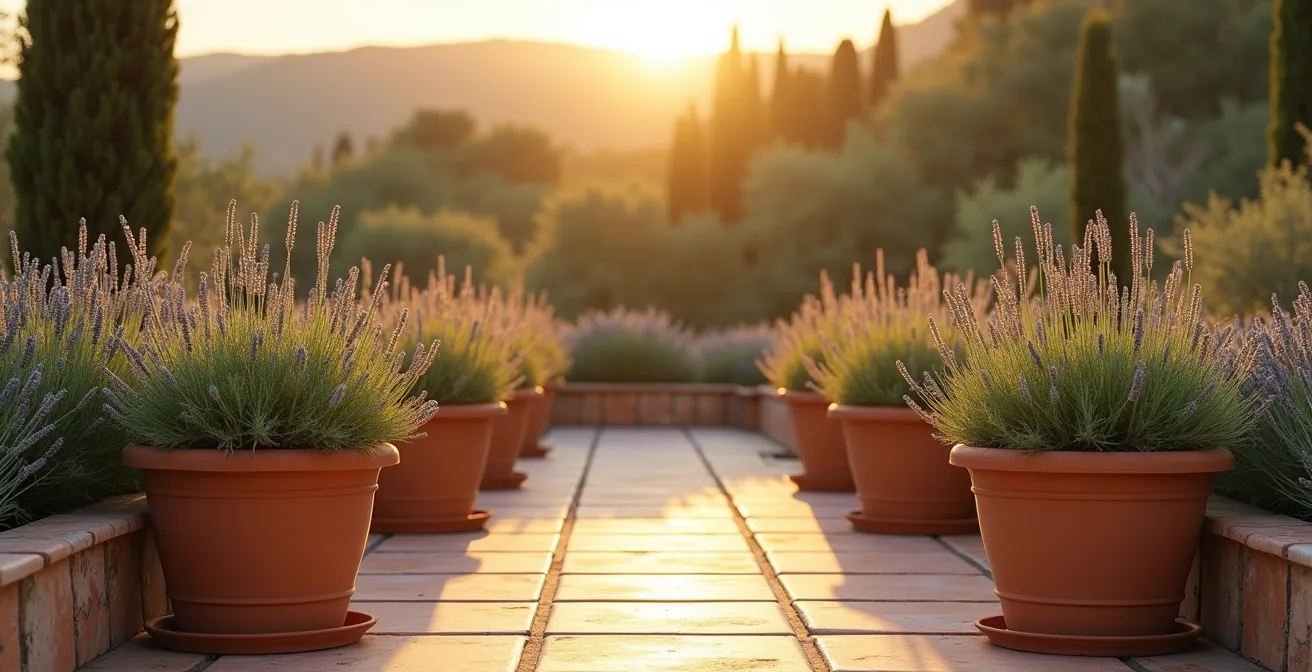 Jardín mediterráneo con macetas de bulbos rodeadas de plantas repelentes como lavanda y romero