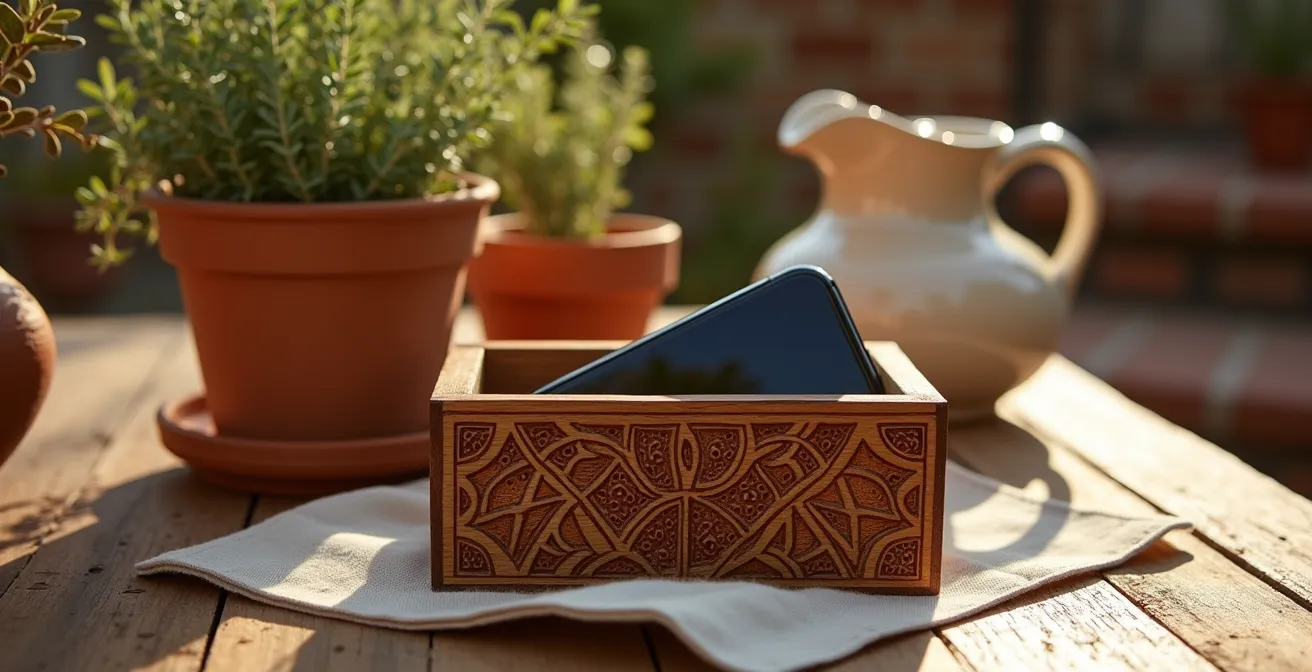Caja artesanal de madera con móvil guardado junto a plantas mediterráneas