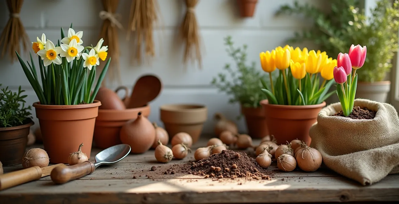Mesa de jardinería rústica con bulbos de narcisos, tulipanes y herramientas tradicionales preparadas para la siembra otoñal