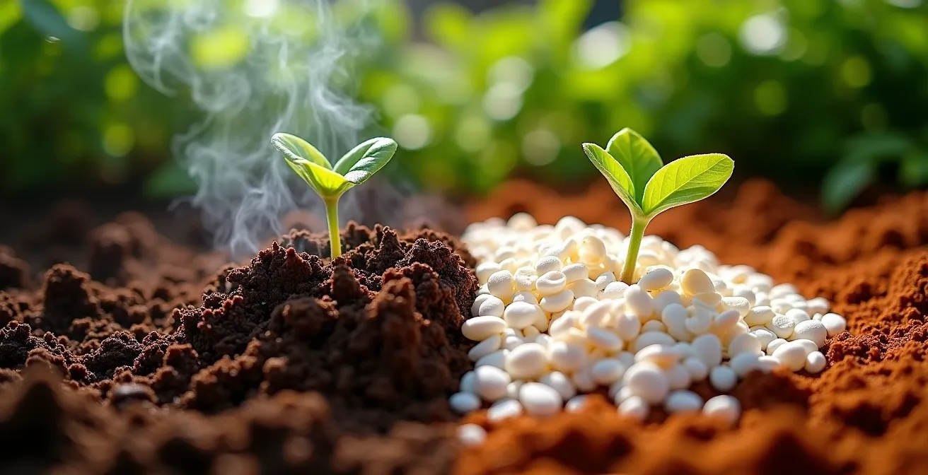 Comparación visual de posos de café oscuros y cáscaras de huevo trituradas, mostrando sus diferentes texturas como abonos naturales.