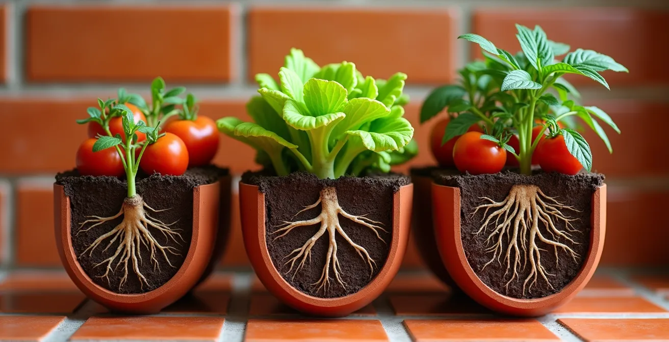 Comparación visual de macetas con diferentes profundidades mostrando el desarrollo radicular de tomates y lechugas