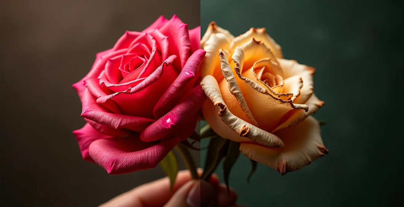 Comparación visual entre rosa preservada flexible y rosa seca quebradiza