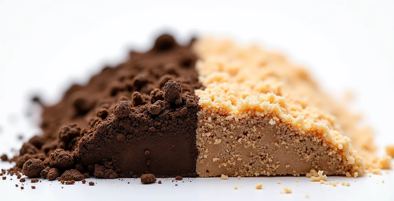 Comparación visual entre tierra de campo compactada y sustrato comercial aireado en macetas de corte transversal