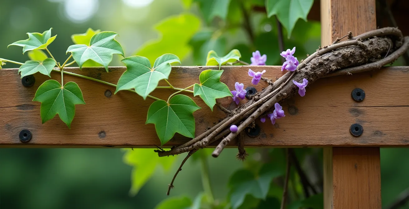 Detalle macro de zarcillos de parra virgen y tallos de glicinia en pérgola