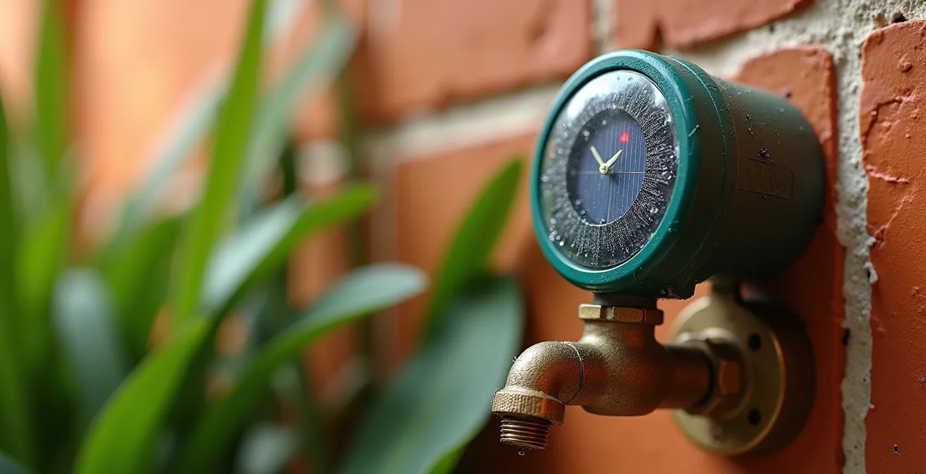 Detalle macro de programador solar instalado en grifo de terraza con panel fotovoltaico