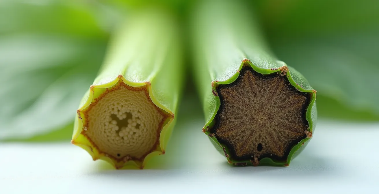Comparación macro de peciolos de hojas mostrando diferencias entre sequía y enfermedad