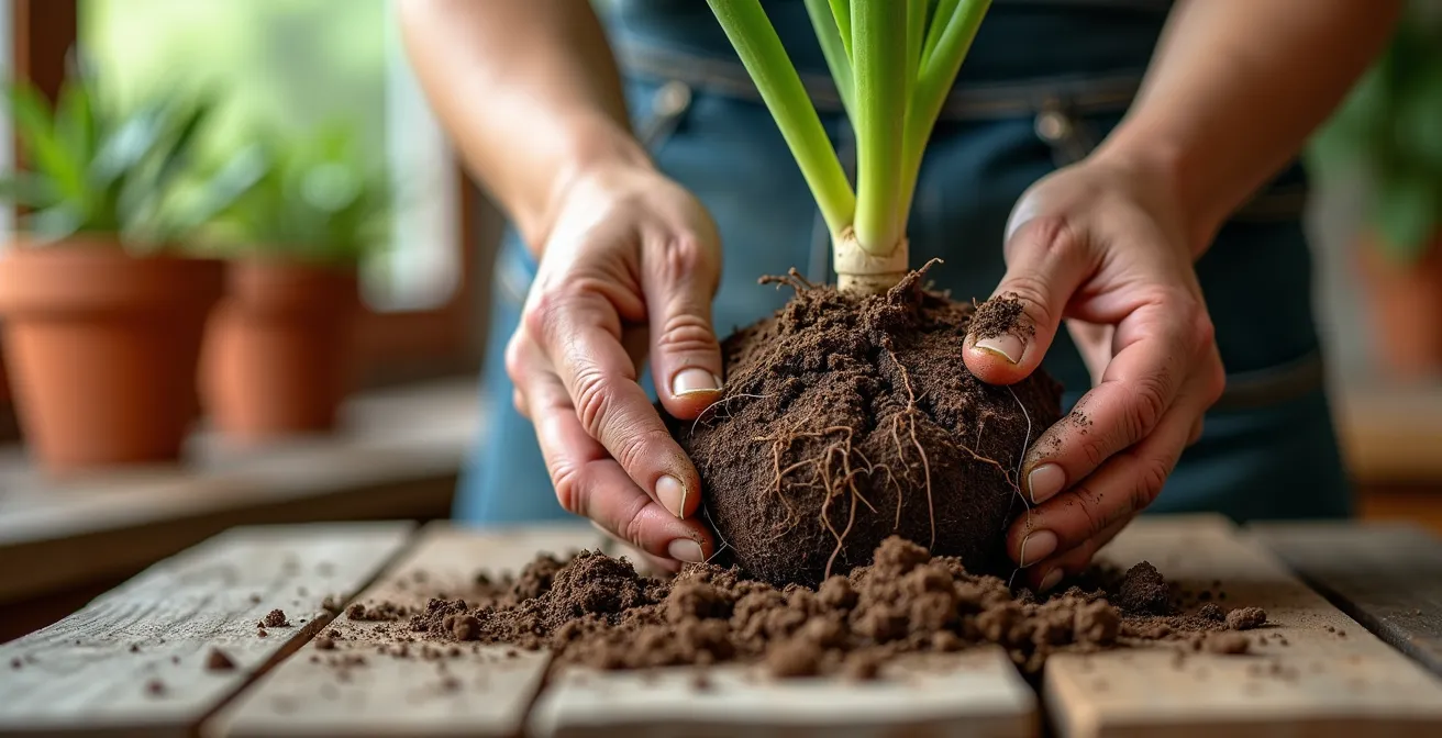 Manos dividiendo cuidadosamente las raíces de una planta perenne sobre mesa de jardín con herramientas