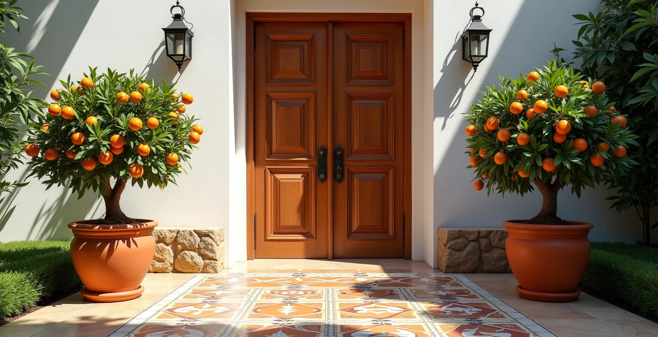 Entrada simétrica de jardín con naranjos gemelos en alcorques y patrones de azulejos sevillanos
