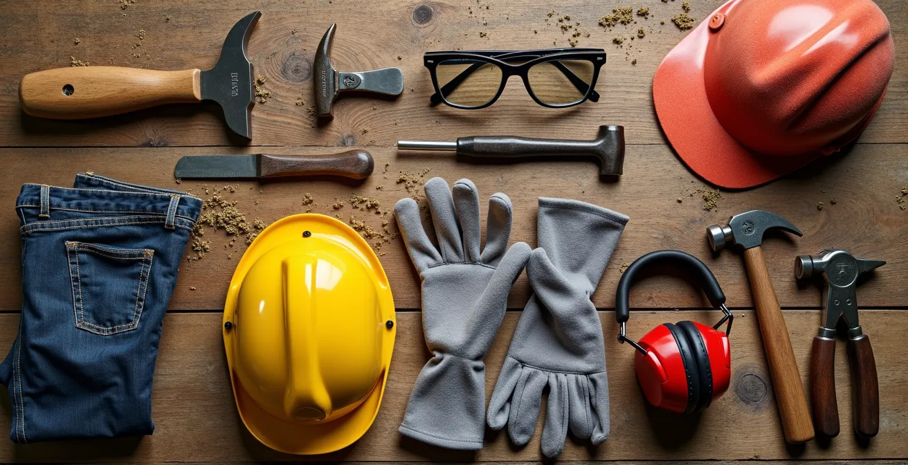 Equipo de protección personal para bricolaje dispuesto sobre banco de trabajo