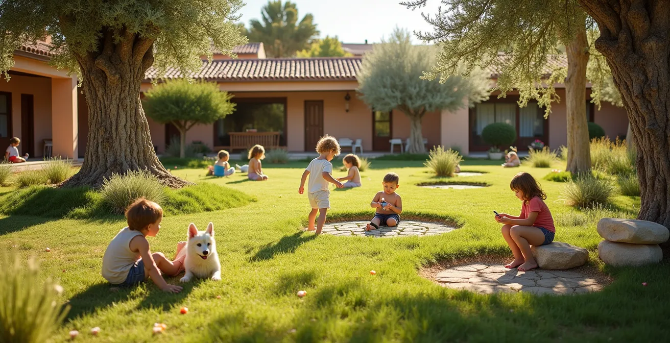 Niños moviéndose libremente en jardín natural con zonas de exploración sensorial