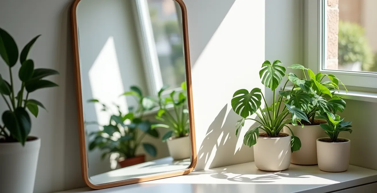 Habitación interior con espejos estratégicamente colocados reflejando luz natural sobre plantas de interior