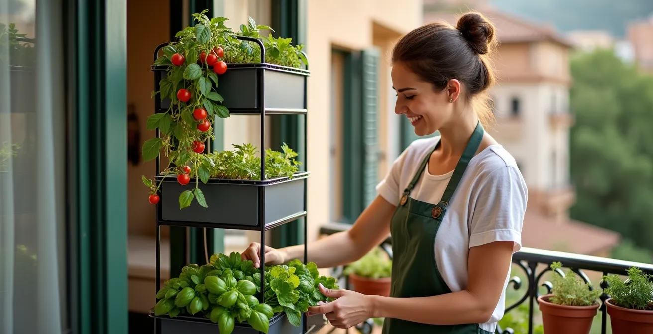 Sistema de estantería vertical con tres niveles de cultivo en un balcón mediterráneo