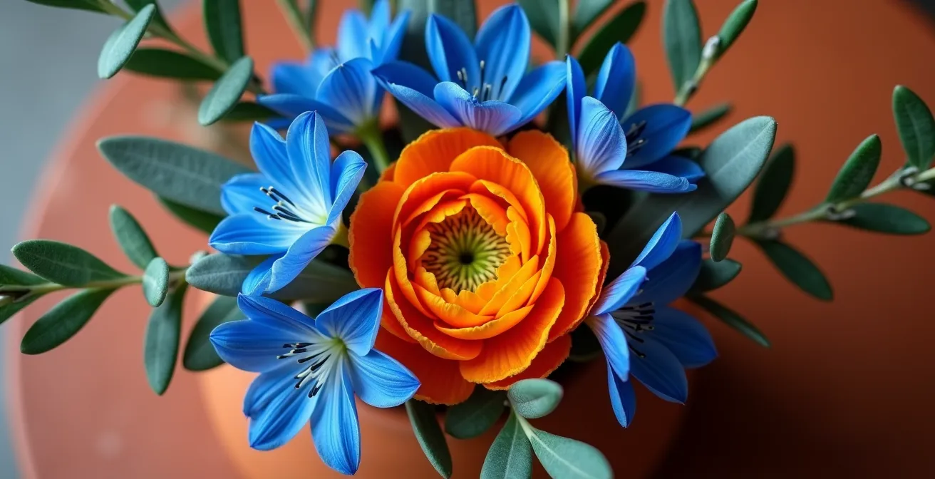 Composición floral con flores azules y naranjas naturales representando identidad corporativa