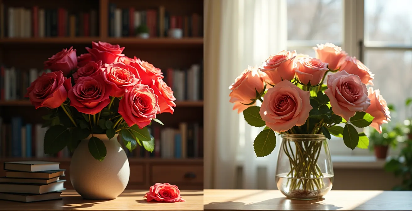 Arreglo de flores preservadas en estantería interior con luz suave filtrada