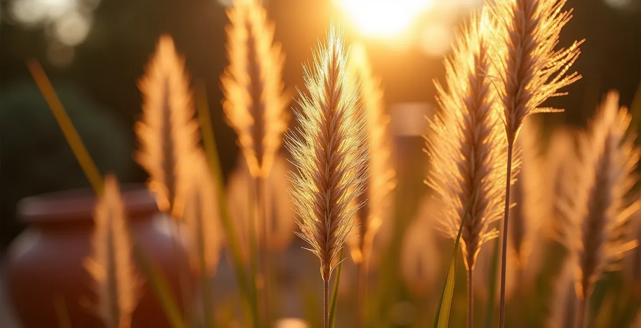 Gramíneas ornamentales iluminadas a contraluz con el viento creando movimiento dinámico en jardín mediterráneo