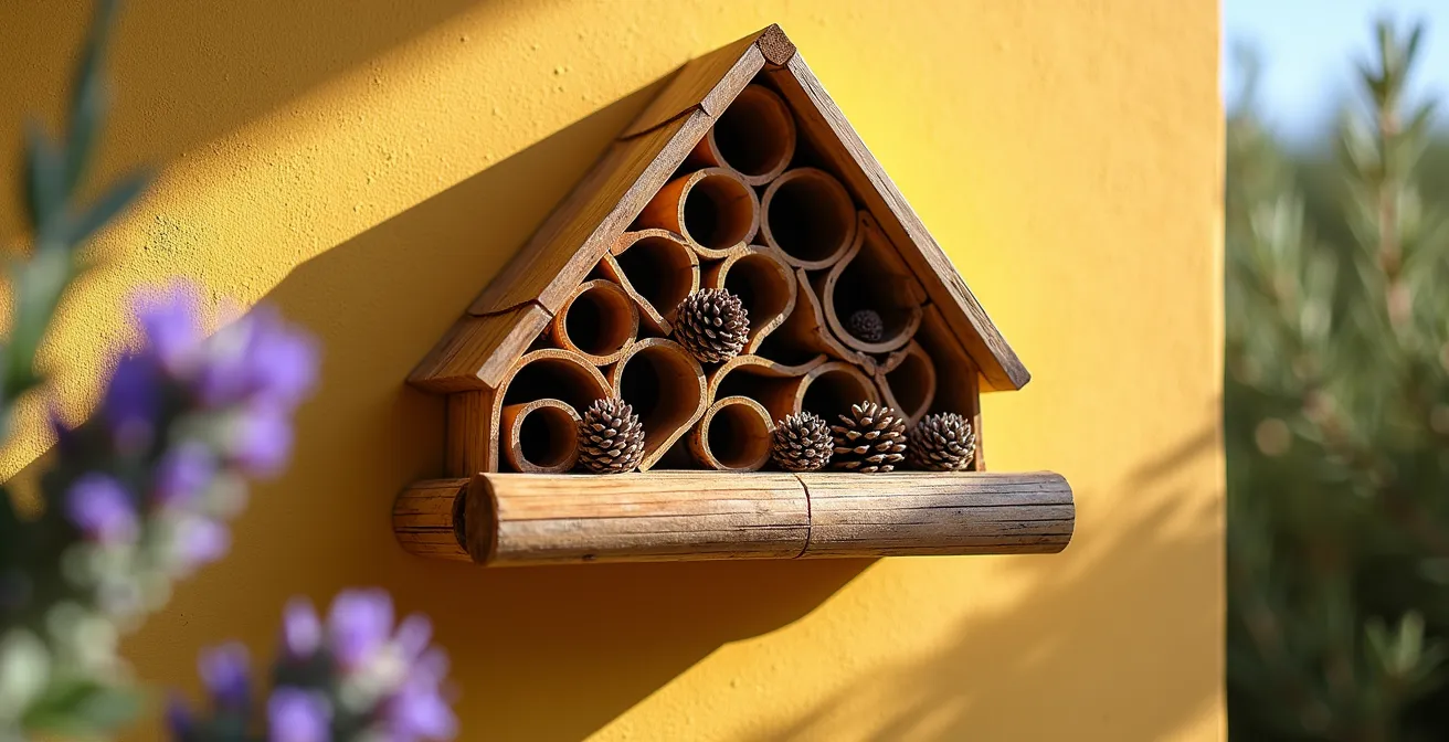 Hotel de insectos artesanal con cañas, piñas y ladrillos en jardín mediterráneo español