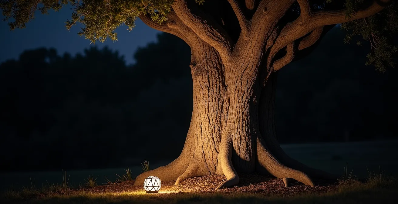 Iluminación dramática nocturna de olivo centenario en evento corporativo