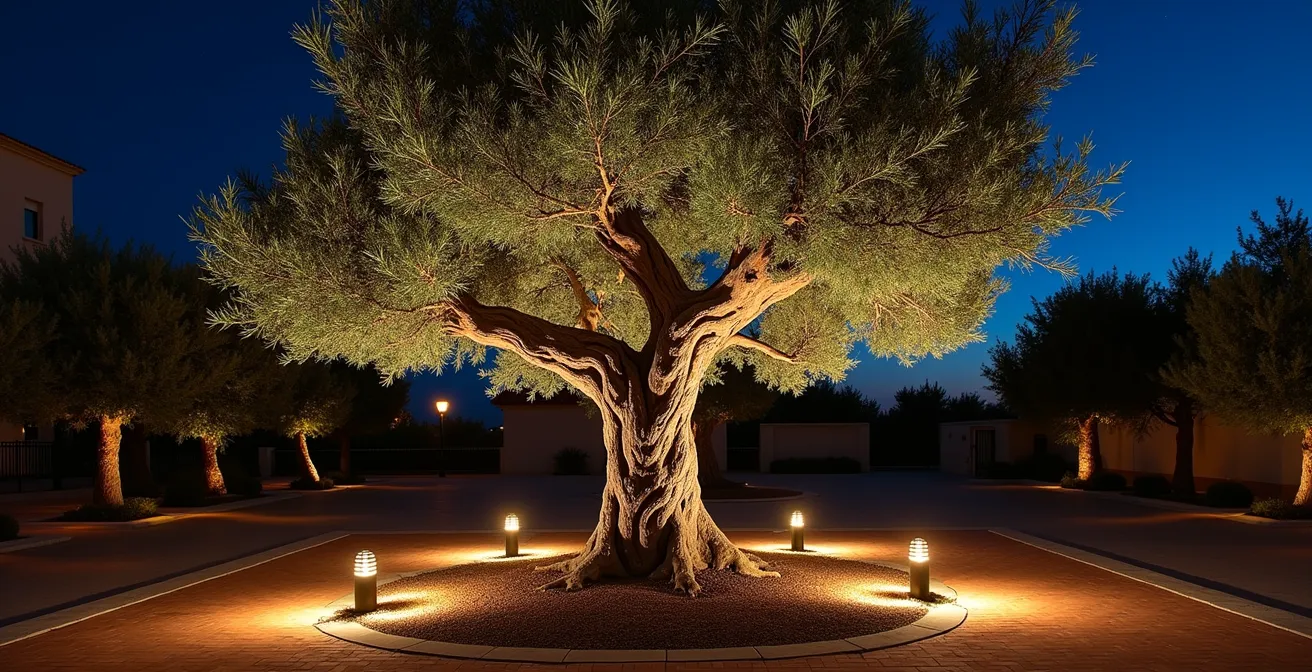 Olivo iluminado desde abajo con efecto dramático nocturno