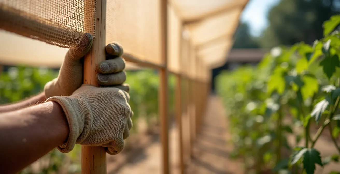 Estructura de mallas de sombreo sobre cultivos con ventilación adecuada