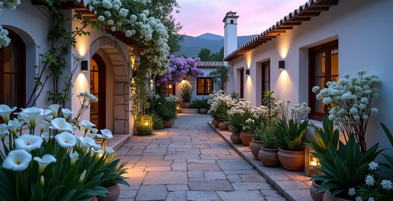 Jardín de luna mediterráneo con flores blancas brillando en la luz crepuscular