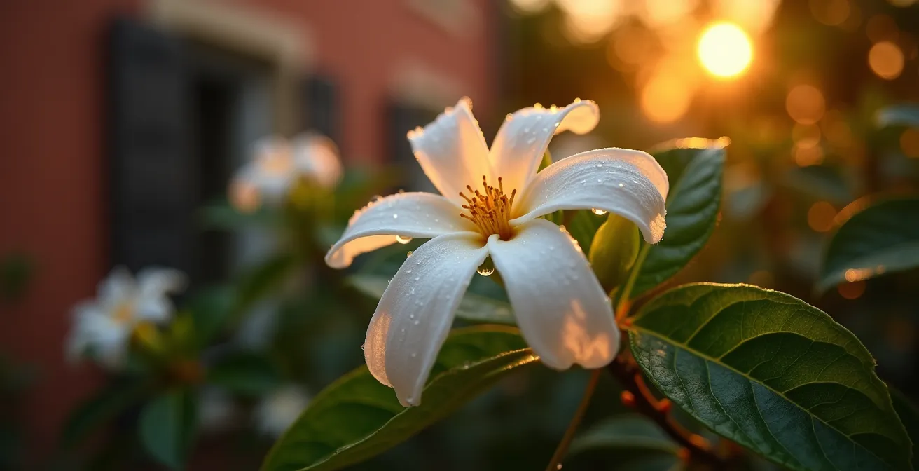 Jardín aromático nocturno con jazmín y dama de noche iluminado suavemente al atardecer