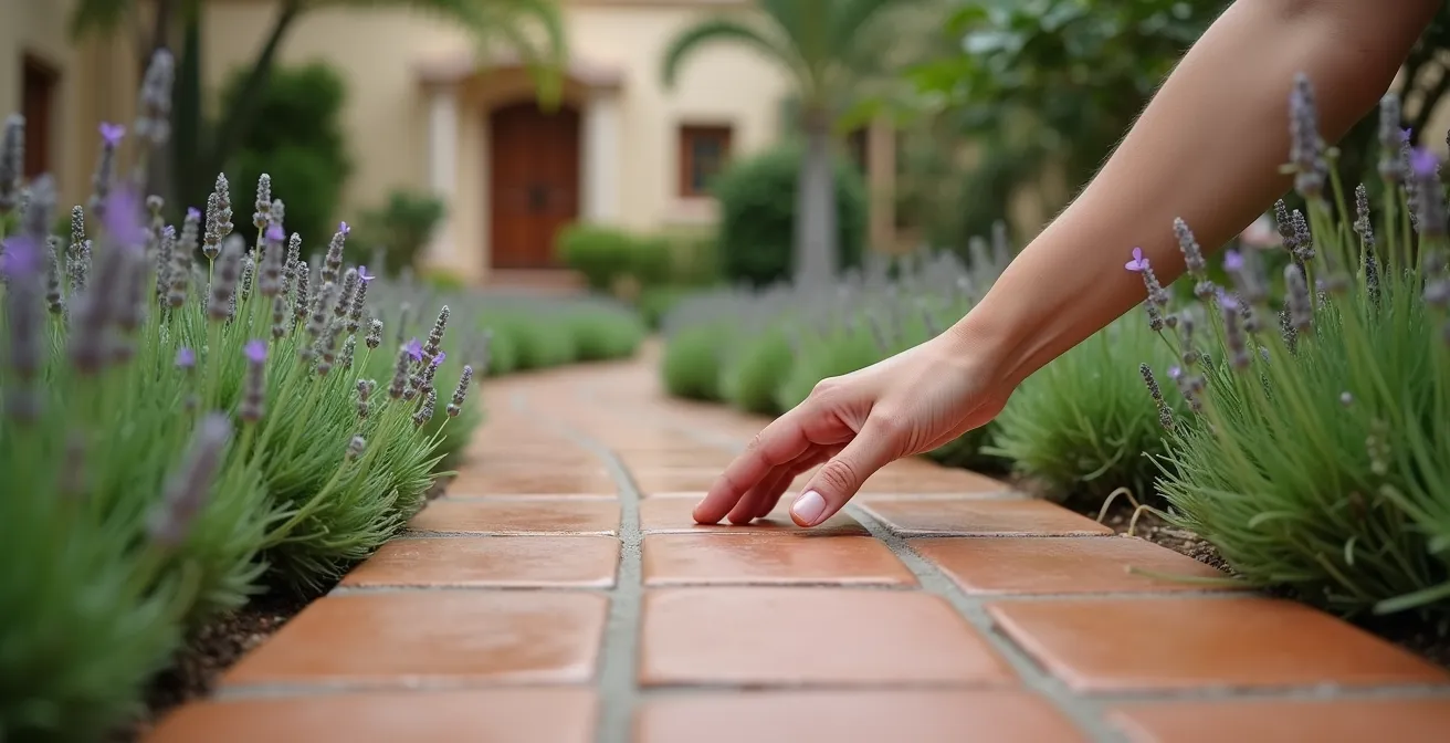 Sendero de jardín español bordeado de plantas seguras al tacto con texturas variadas