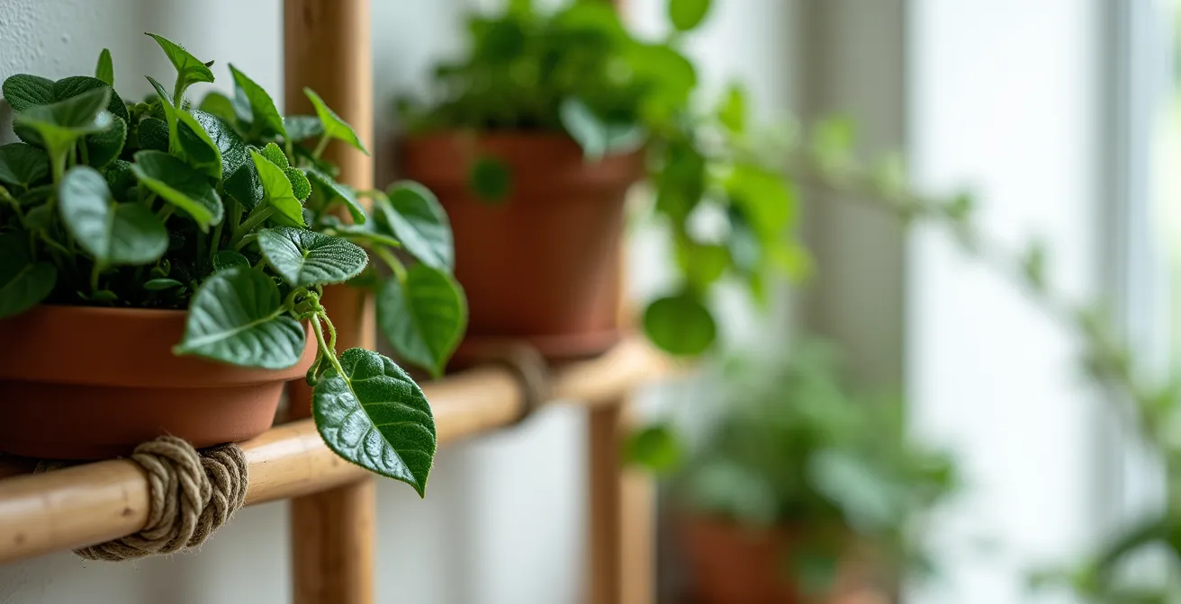 Sistema vertical de plantas en apartamento pequeño con estanterías de tensión y macetas colgantes
