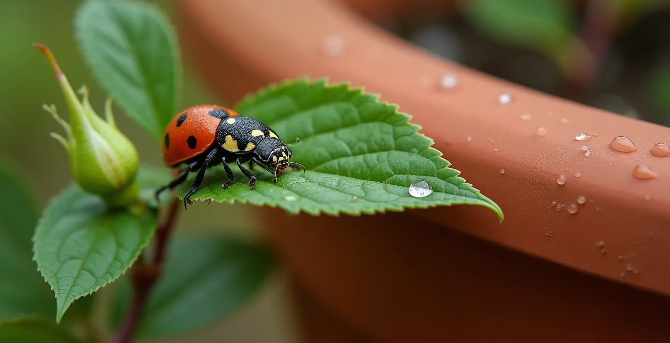 Larvas de mariquita Adalia bipunctata sobre hojas de rosal eliminando colonias de pulgones