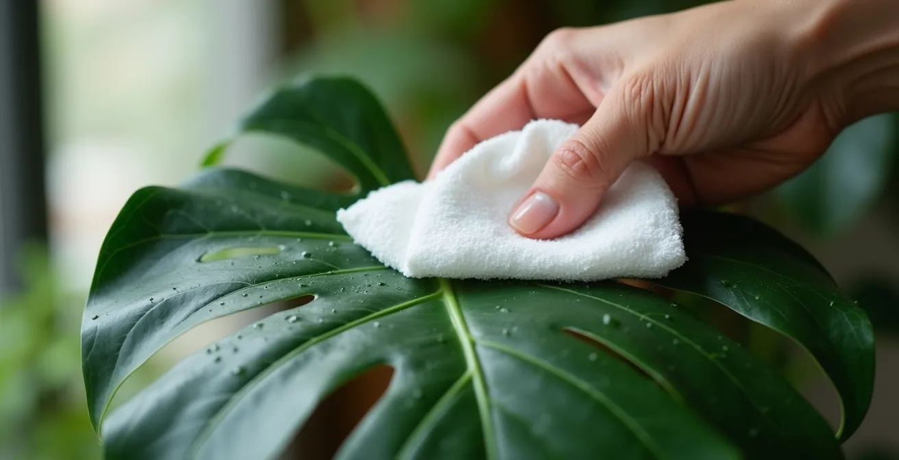 Manos limpiando suavemente las hojas de una planta Monstera con un paño de microfibra