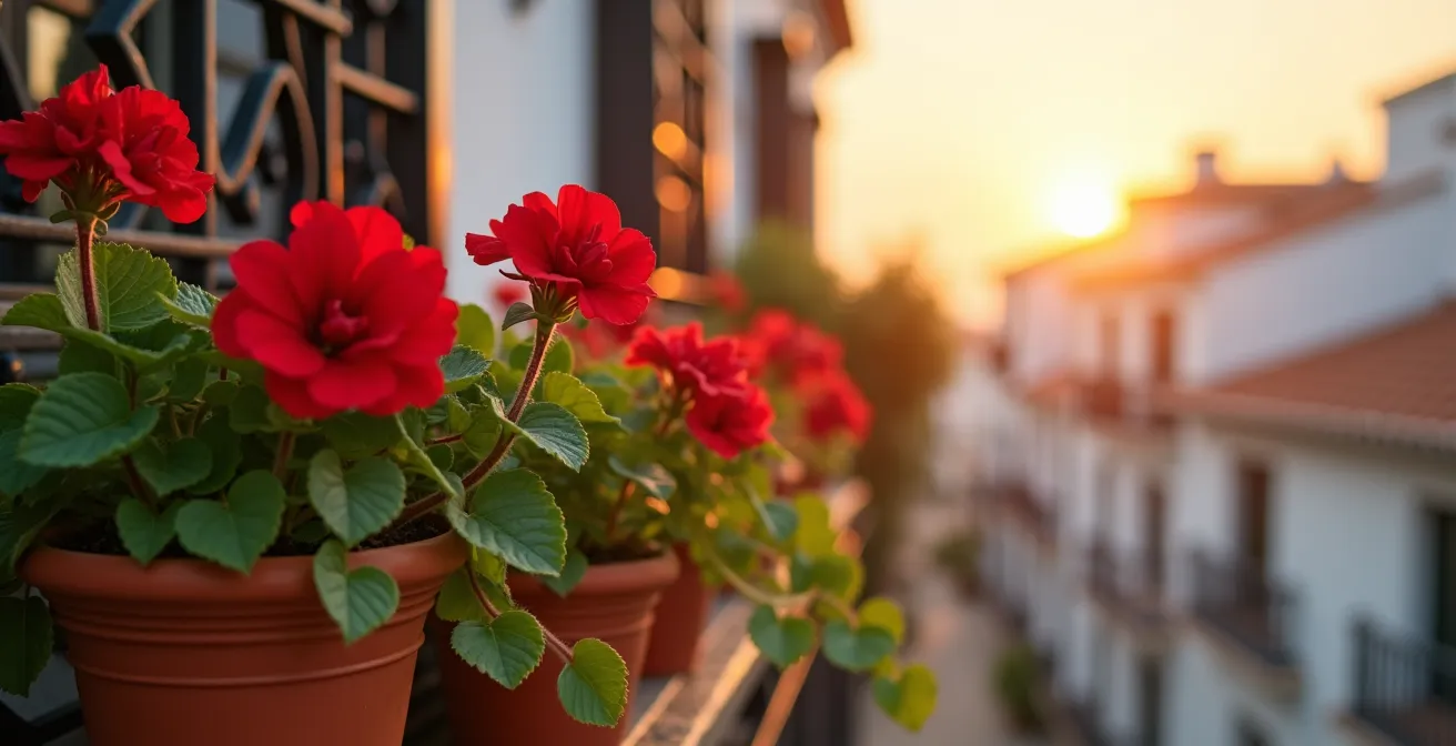 Balcón al amanecer con luz dorada iluminando geranios rojos con rocío matutino y sombras suaves proyectadas