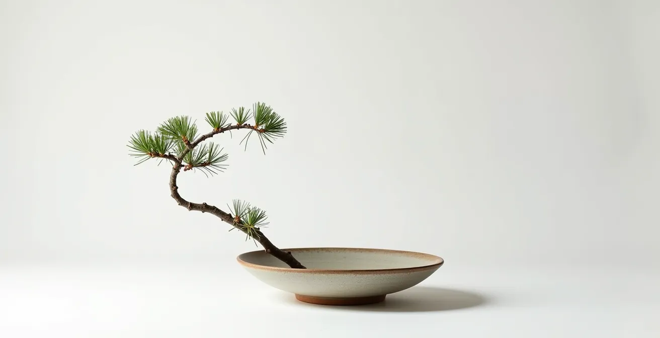 Arreglo ikebana mostrando el concepto Ma con amplio espacio vacío y una sola rama