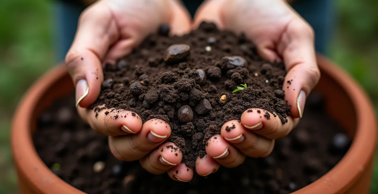 Manos de jardinero experto evaluando la textura y humedad del sustrato directamente