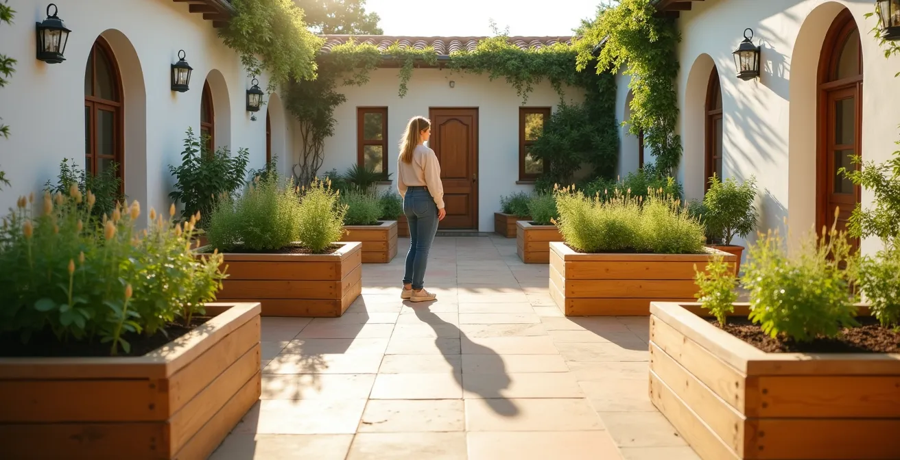 Jardín con mesas de cultivo elevadas y persona trabajando de pie con postura correcta