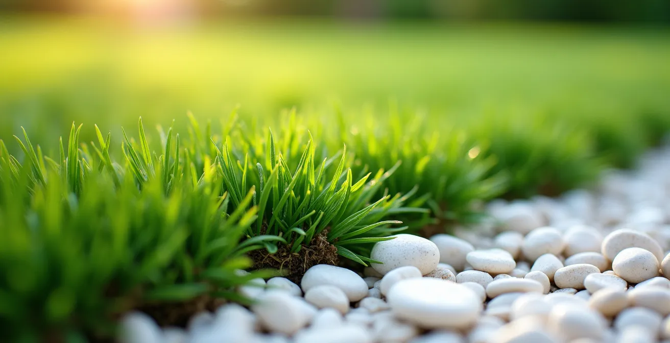 Pequeñas áreas de césped ornamental como joyas verdes en un mar de grava blanca decorativa