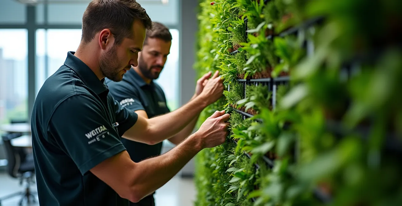 Proceso de montaje de jardín vertical modular para evento corporativo