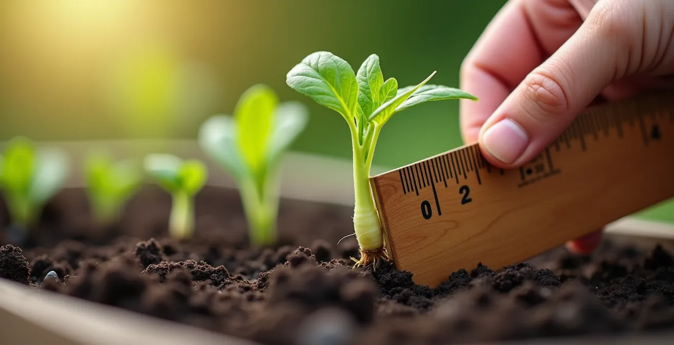 Manos infantiles midiendo brotes de rábanos y girasoles en diferentes etapas de crecimiento