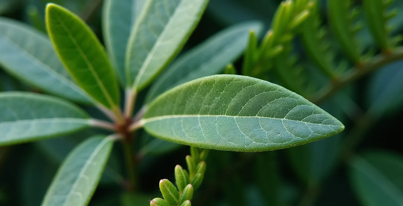 Composición macro de hojas de olivo, pino y helecho mostrando texturas y tonalidades de verde
