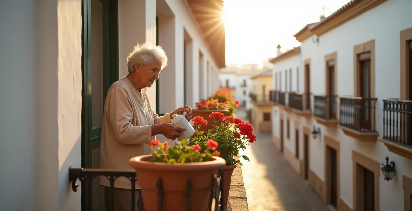 Persona mayor regando plantas en balcón típico andaluz con macetas de geranios