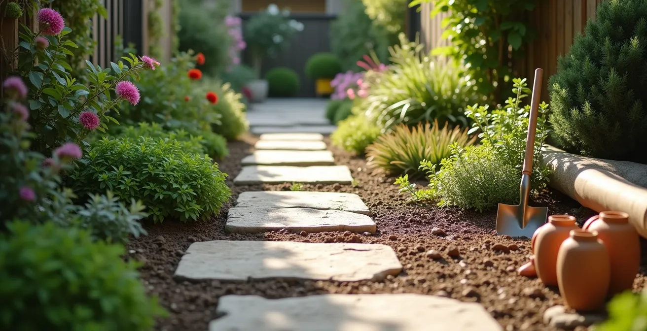 Plano visual de las tres etapas de reforma de un jardín