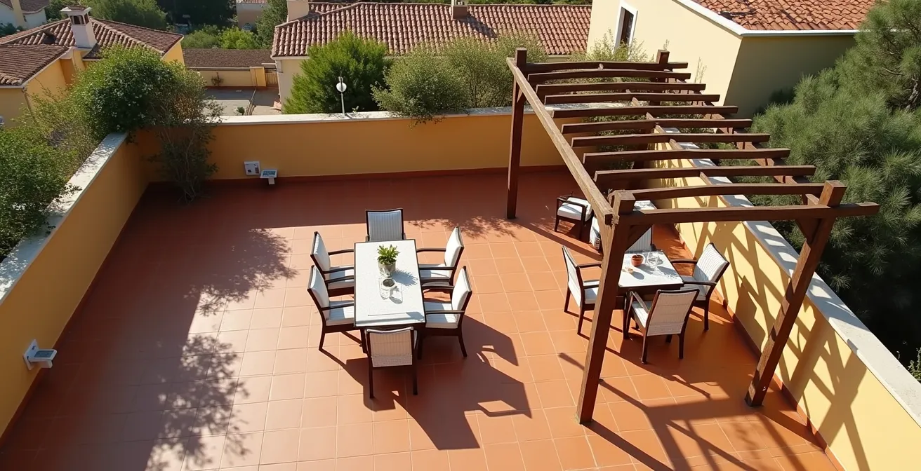 Vista cenital de terraza con sombras proyectadas a diferentes horas del día