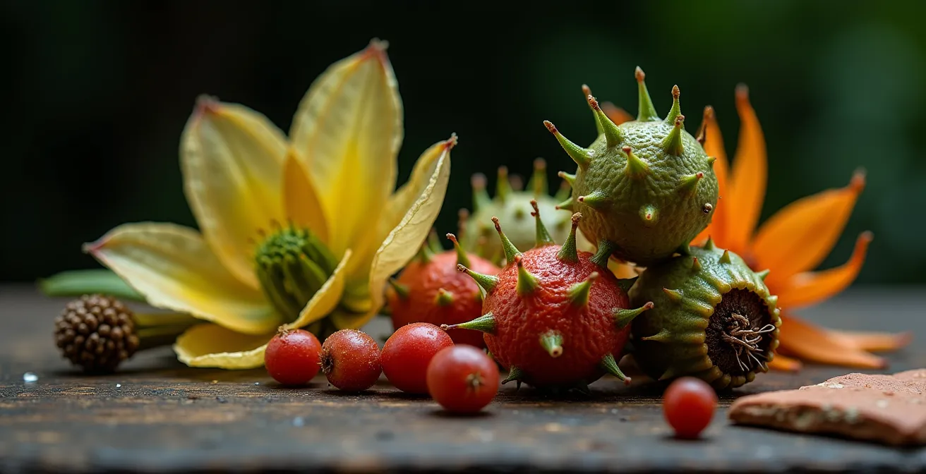 Composición macro de hojas y flores tóxicas comunes en jardines españoles con texturas visibles