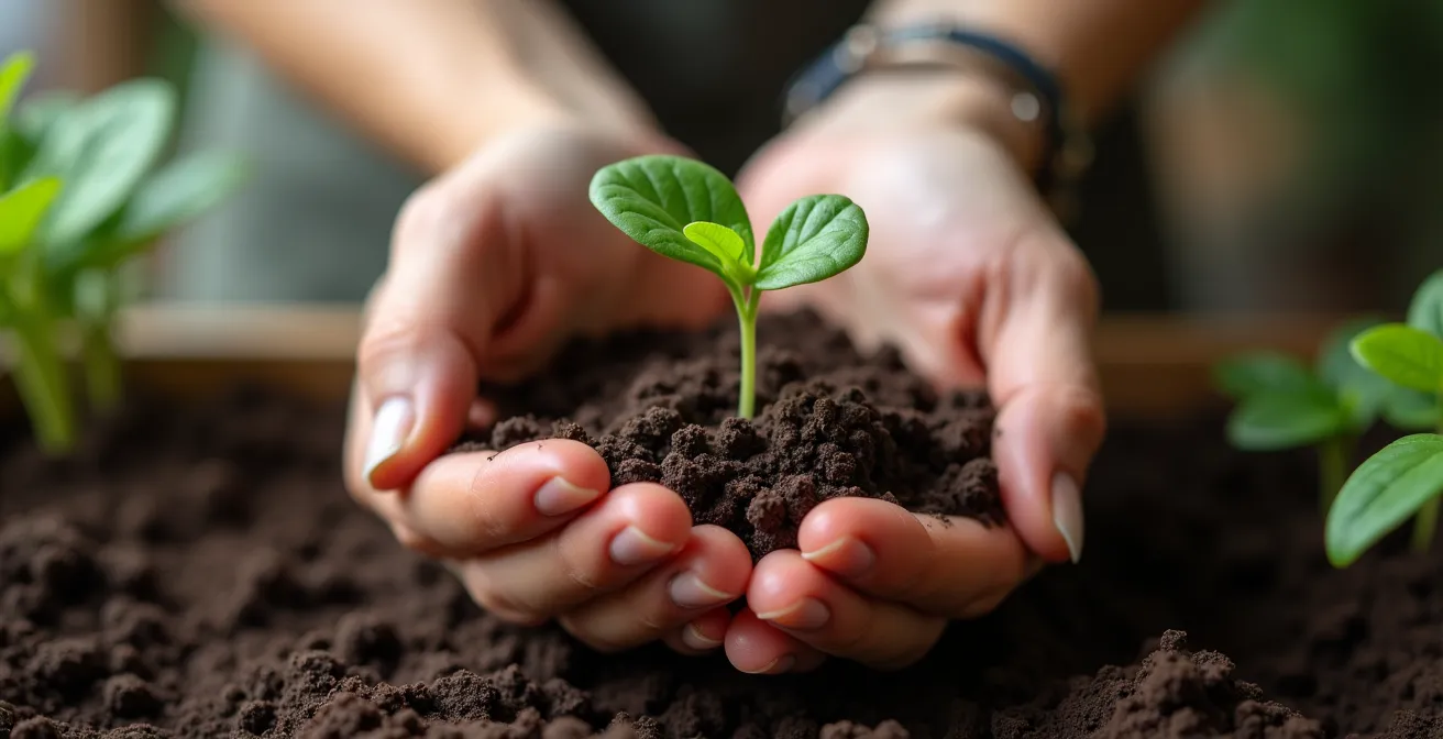 Plántula joven mostrando cotiledones y primeras hojas verdaderas en semillero