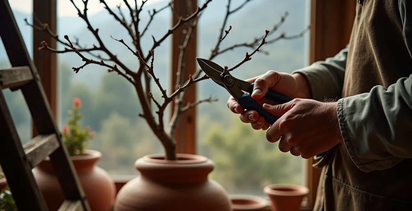 Jardinero podando las ramas de un árbol sin hojas en invierno, mostrando la estructura visible de las ramas.