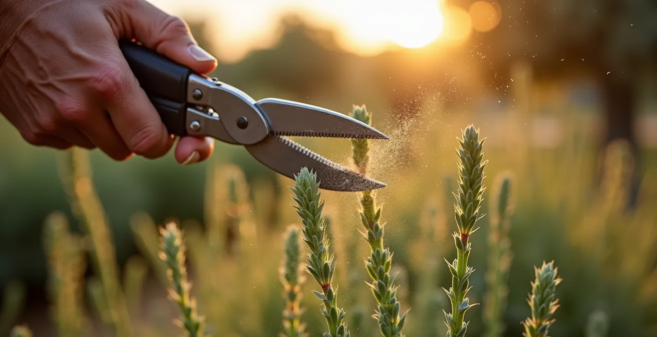 Tijeras de podar profesionales cortando tallos de salvia con brotes nuevos visibles en la base