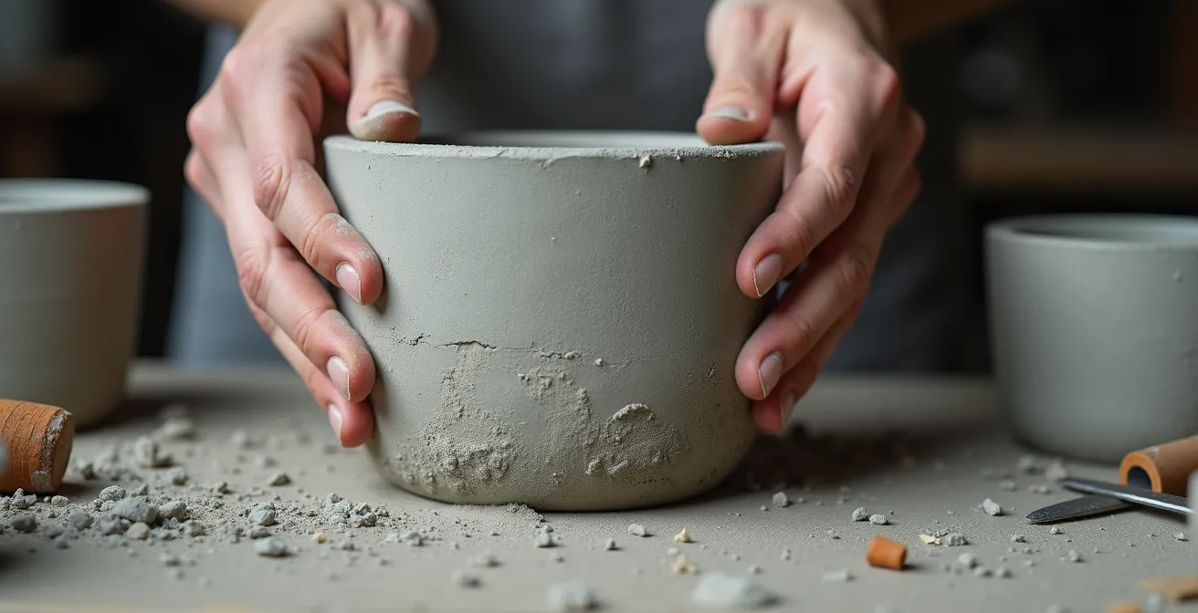 Proceso de creación de macetas de cemento con moldes caseros y materiales reciclados