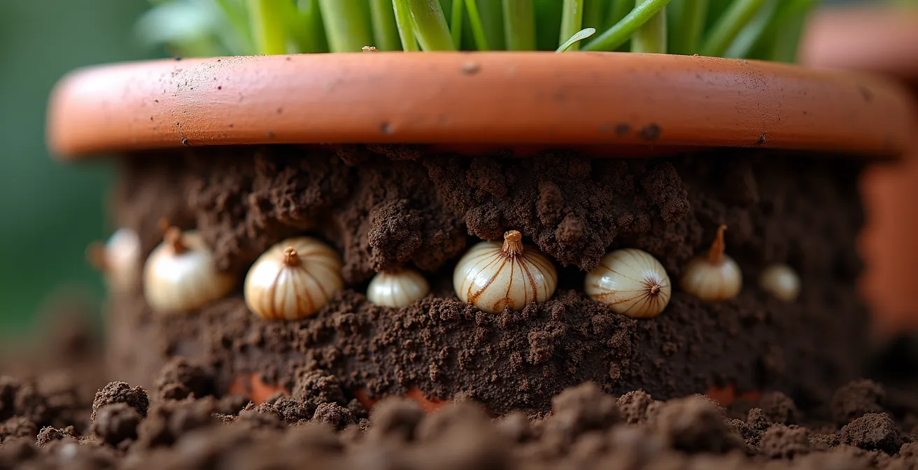Vista lateral de una maceta mostrando tres niveles de bulbos plantados a diferentes profundidades con medidas indicativas